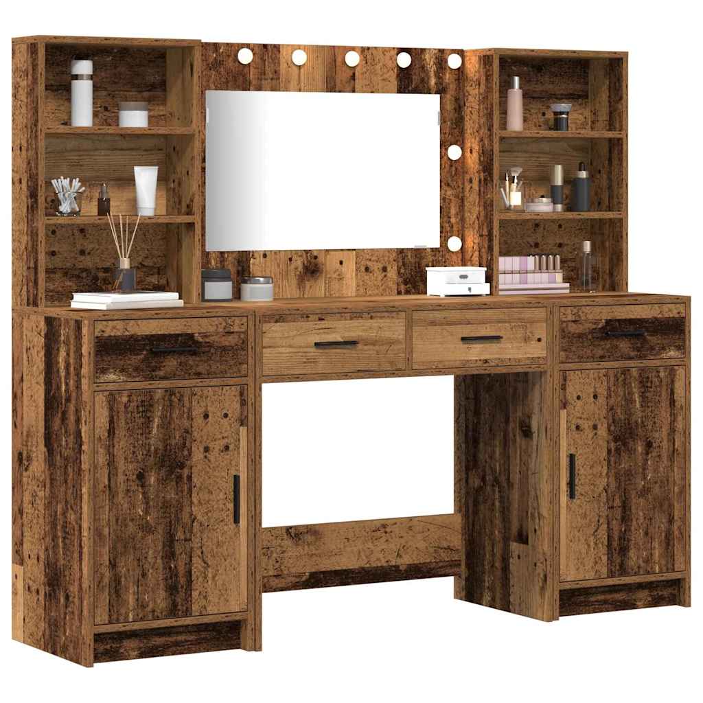 vidaXL Schminktischset mit LED mit Regal 3 pcs Altholz Holzwerkstoff