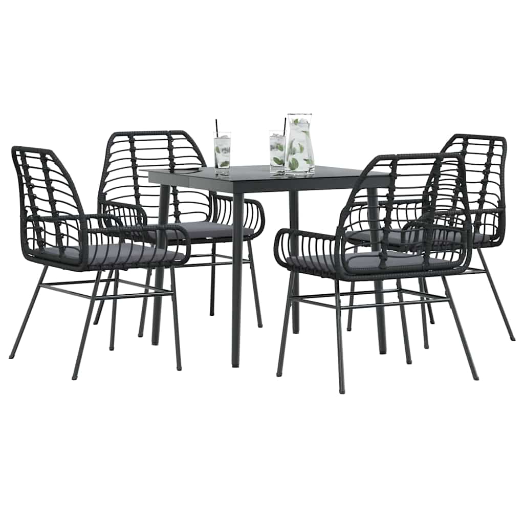 vidaXL 5-tlg. Garten-Essgruppe mit Kissen Schwarz Poly Rattan Glas