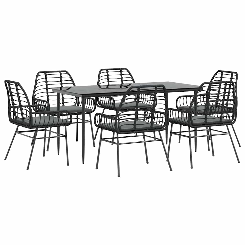 vidaXL 7-tlg. Garten-Essgruppe mit Kissen Schwarz Poly Rattan Glas