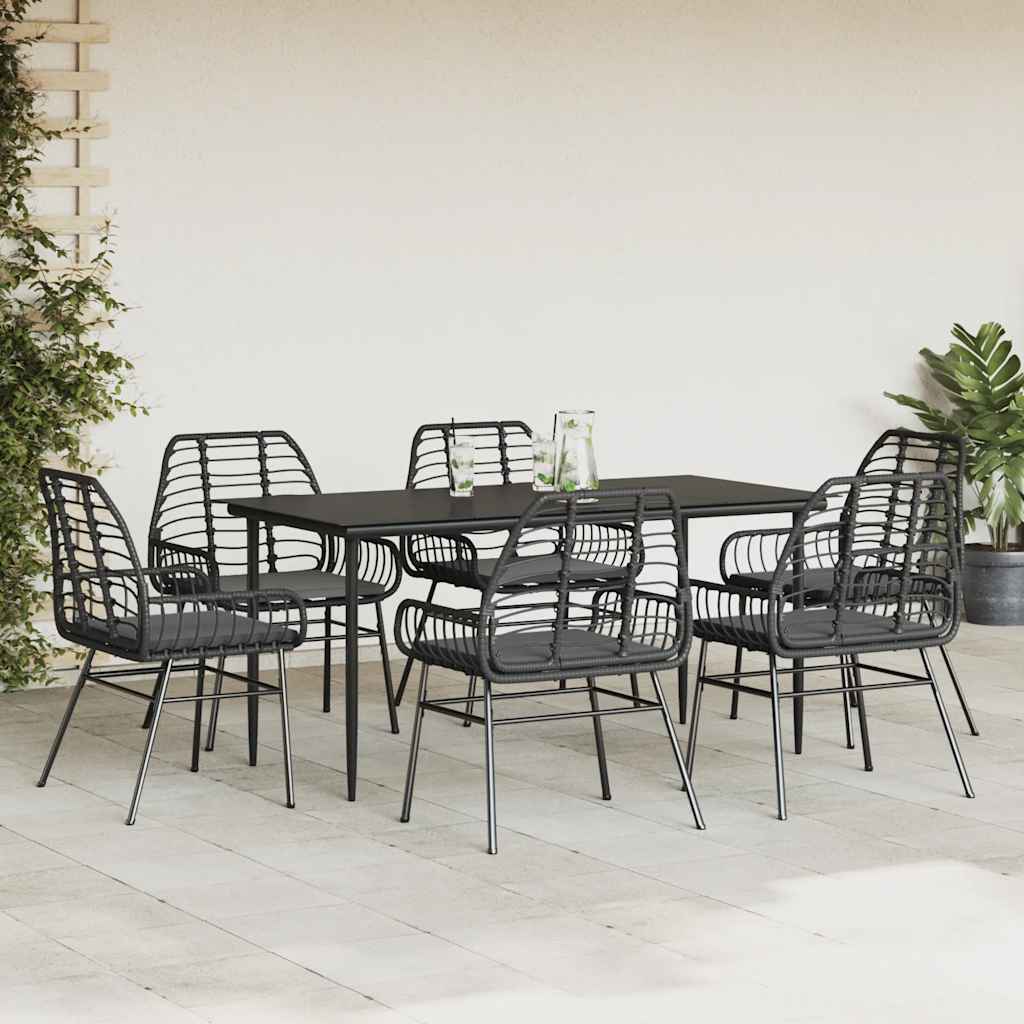 vidaXL 7-tlg. Garten-Essgruppe mit Kissen Schwarz Poly Rattan Glas