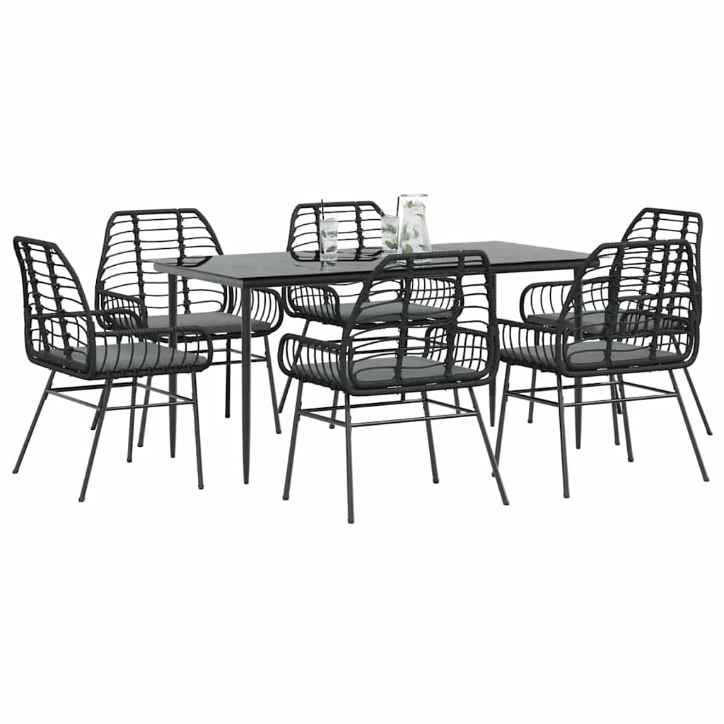 vidaXL 7-tlg. Garten-Essgruppe mit Kissen Schwarz Poly Rattan Glas