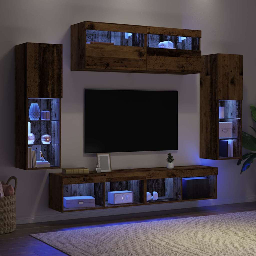 vidaXL TV-Schrankset mit LED-Lichtleisten 6 pcs Altholz Holzwerkstoff