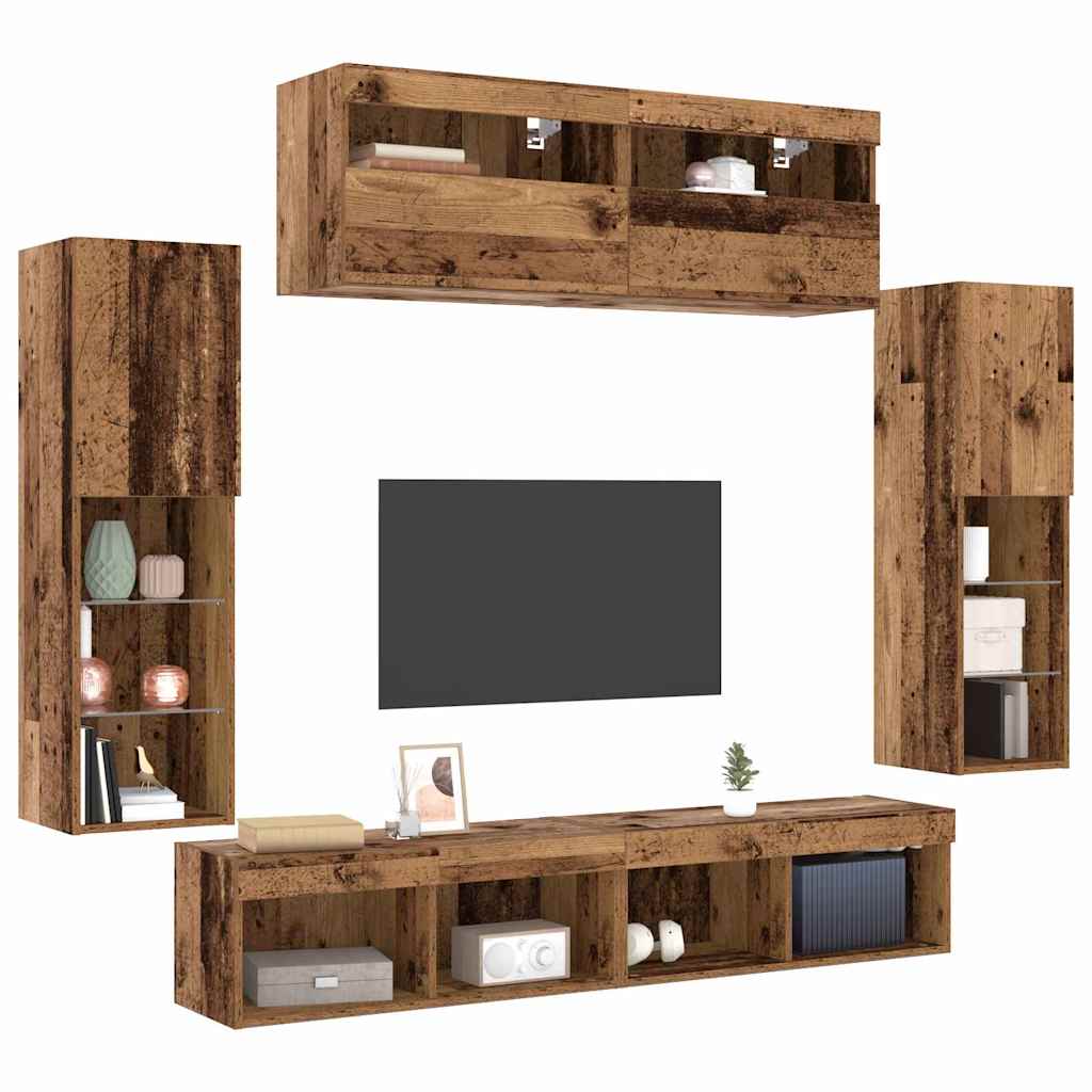 vidaXL TV-Schrankset mit LED-Lichtleisten 6 pcs Altholz Holzwerkstoff