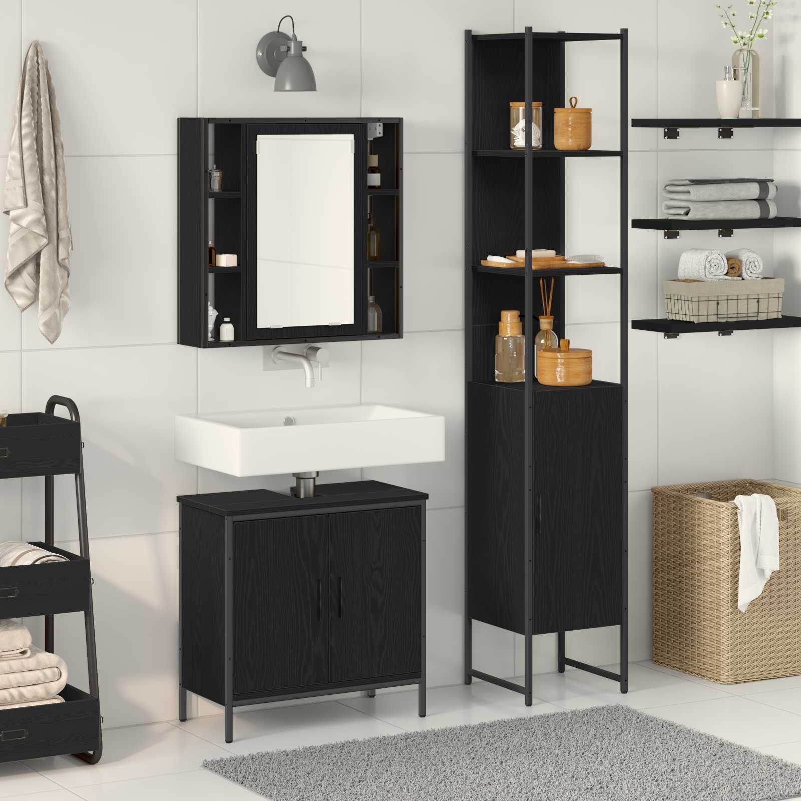 vidaXL Badezimmer Waschbeckenmöbel mit Tür 3 pcs Schwarz Holzwerkstoff