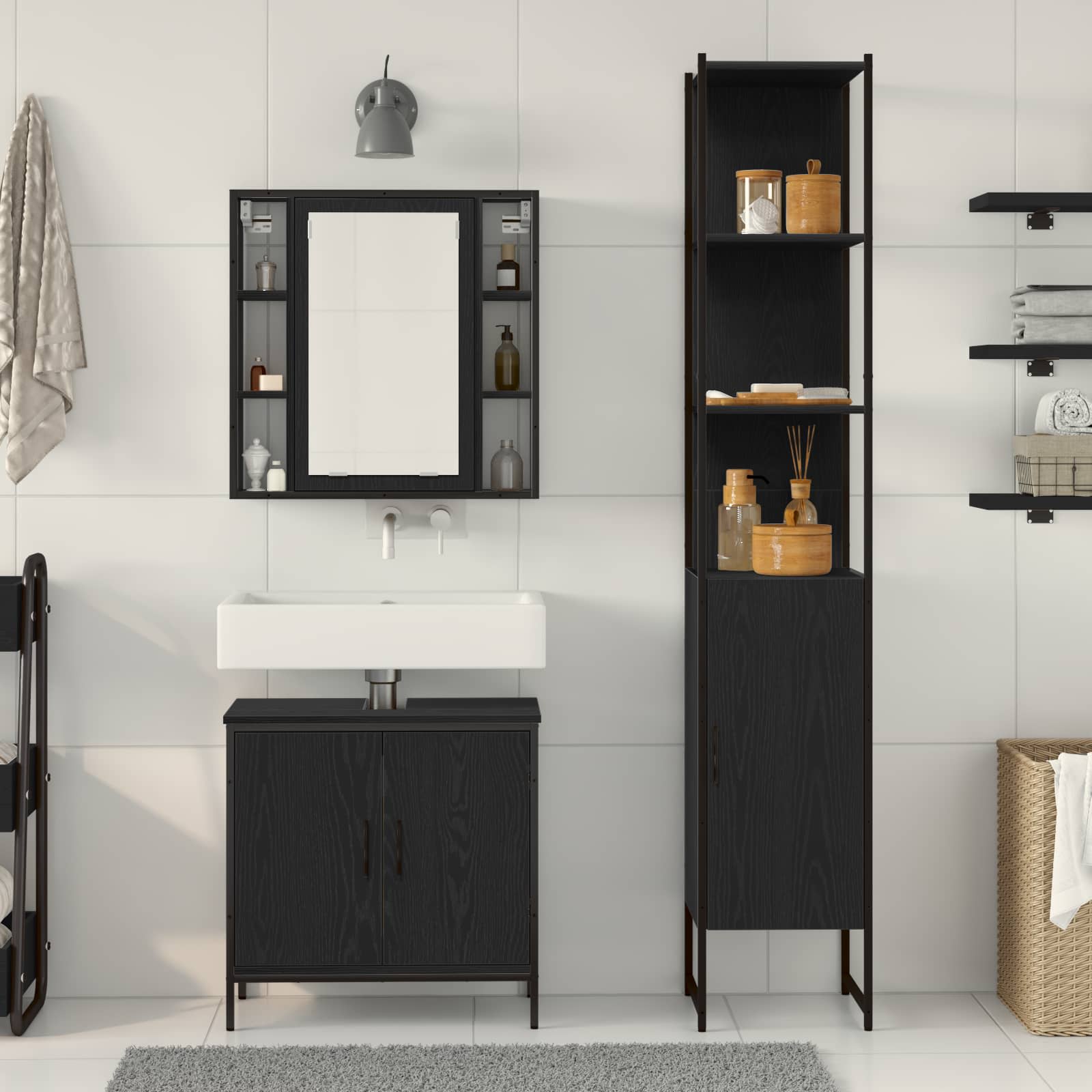 vidaXL Badezimmer Waschbeckenmöbel mit Tür 3 pcs Schwarz Holzwerkstoff