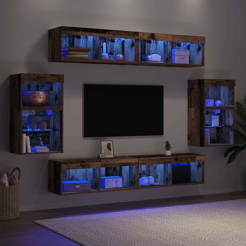 vidaXL TV-Schrankset mit LED-Lichtleisten 8 pcs Altholz Holzwerkstoff