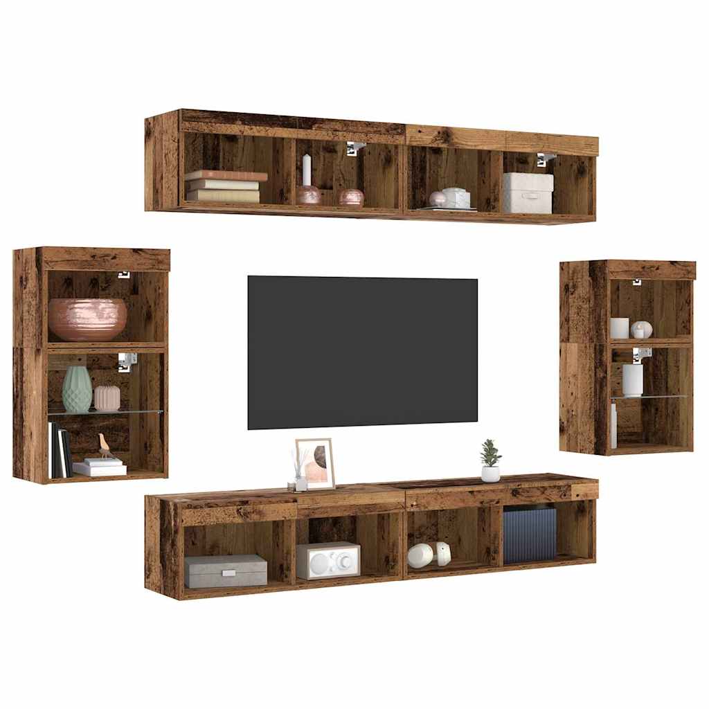 vidaXL TV-Schrankset mit LED-Lichtleisten 8 pcs Altholz Holzwerkstoff