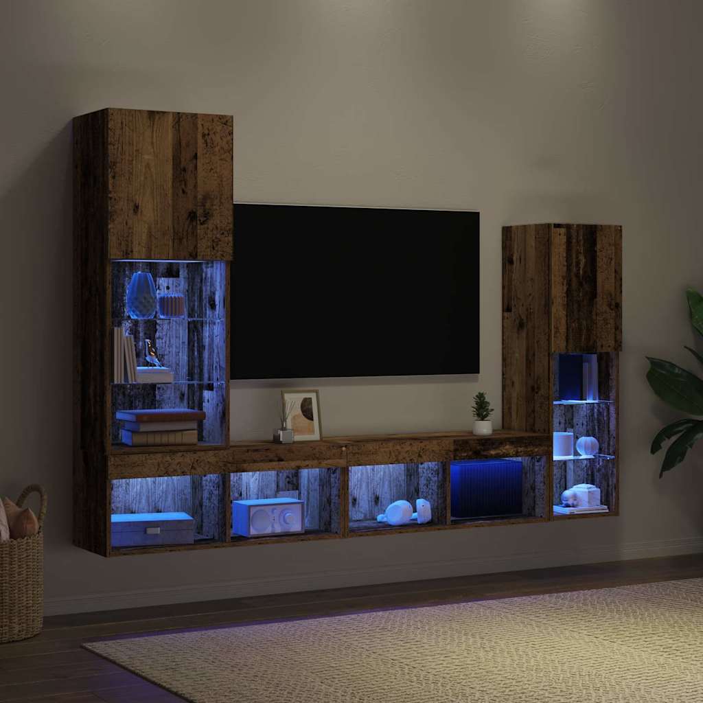 vidaXL TV-Schränk mit LED-Lichtleisten 4 pcs Altholz Holzwerkstoff