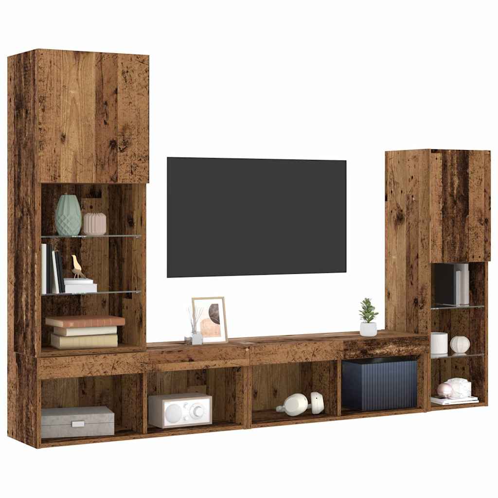 vidaXL TV-Schränk mit LED-Lichtleisten 4 pcs Altholz Holzwerkstoff