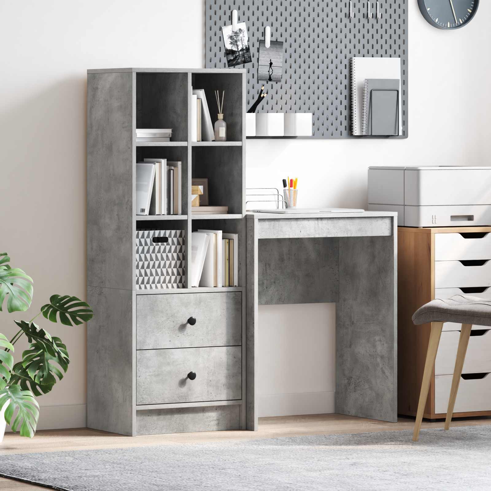 vidaXL Schreibtisch mit Schubladen mit Regal 2 pcs Beton Grau