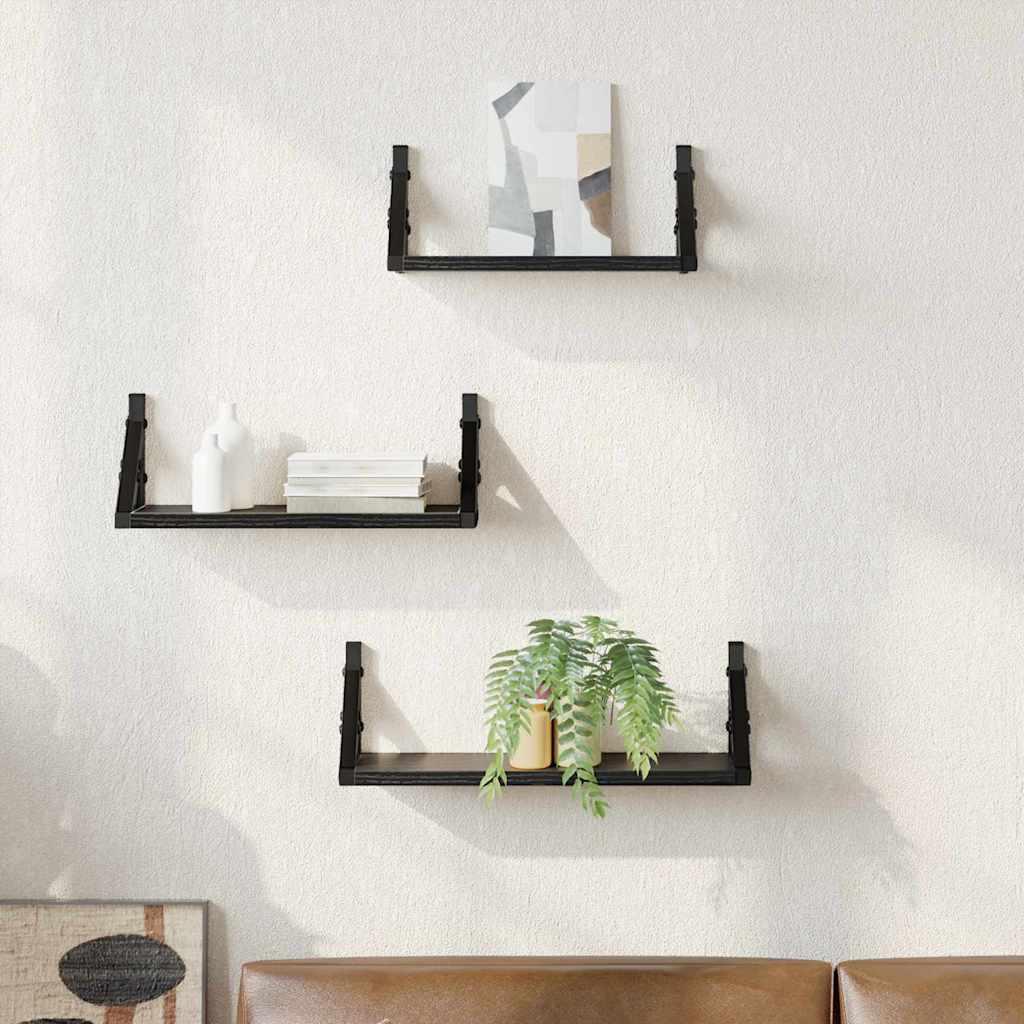 vidaXL Wandregal Wandmontiert mit Speicher 3 pcs Schwarz Eichen-Optik