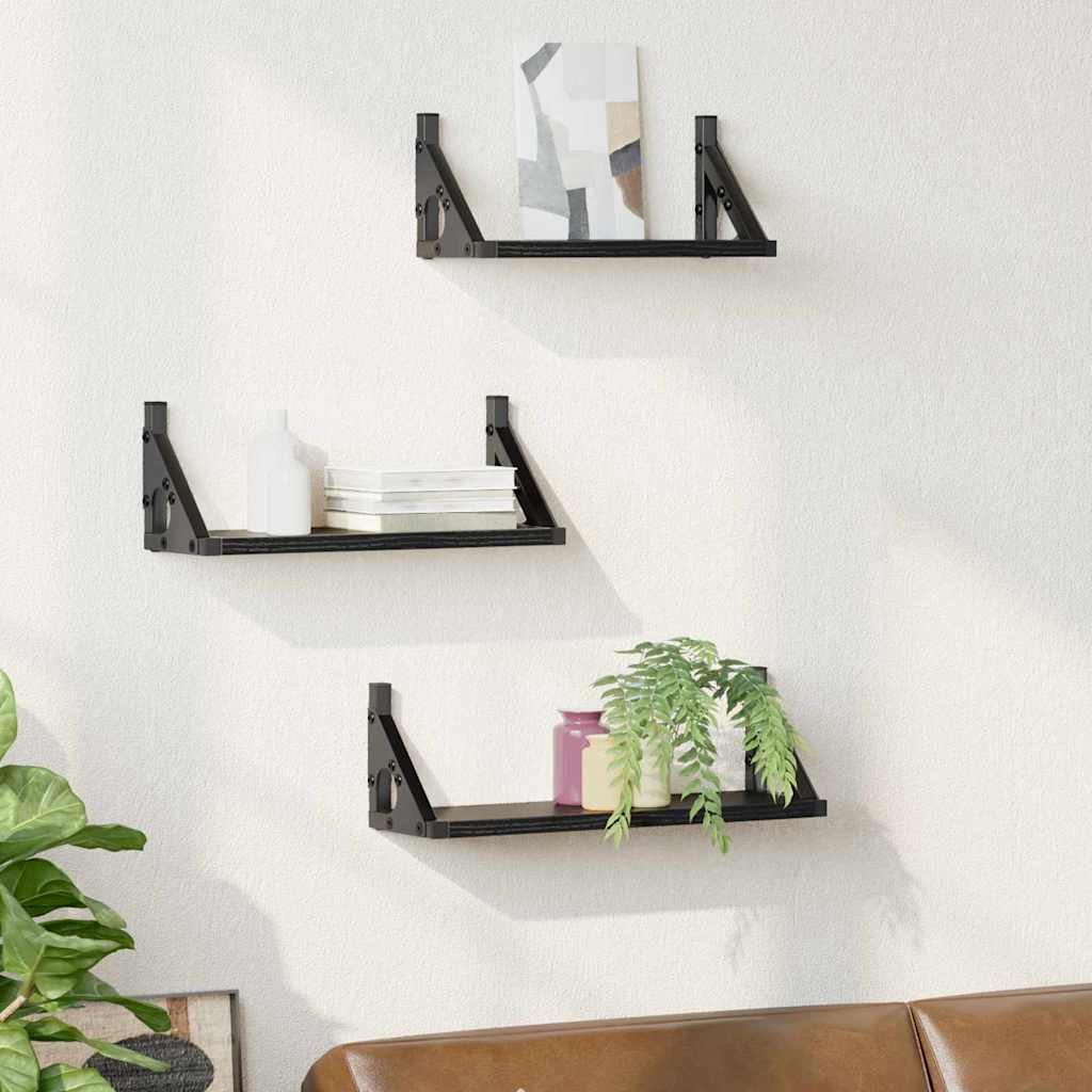 vidaXL Wandregal Wandmontiert mit Speicher 3 pcs Schwarz Eichen-Optik