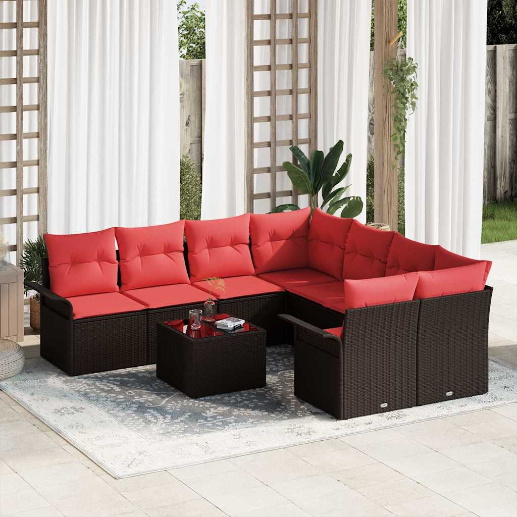 vidaXL Gartensofa-set mit Kissen 9 pcs Braun und Rot Poly-Rattan