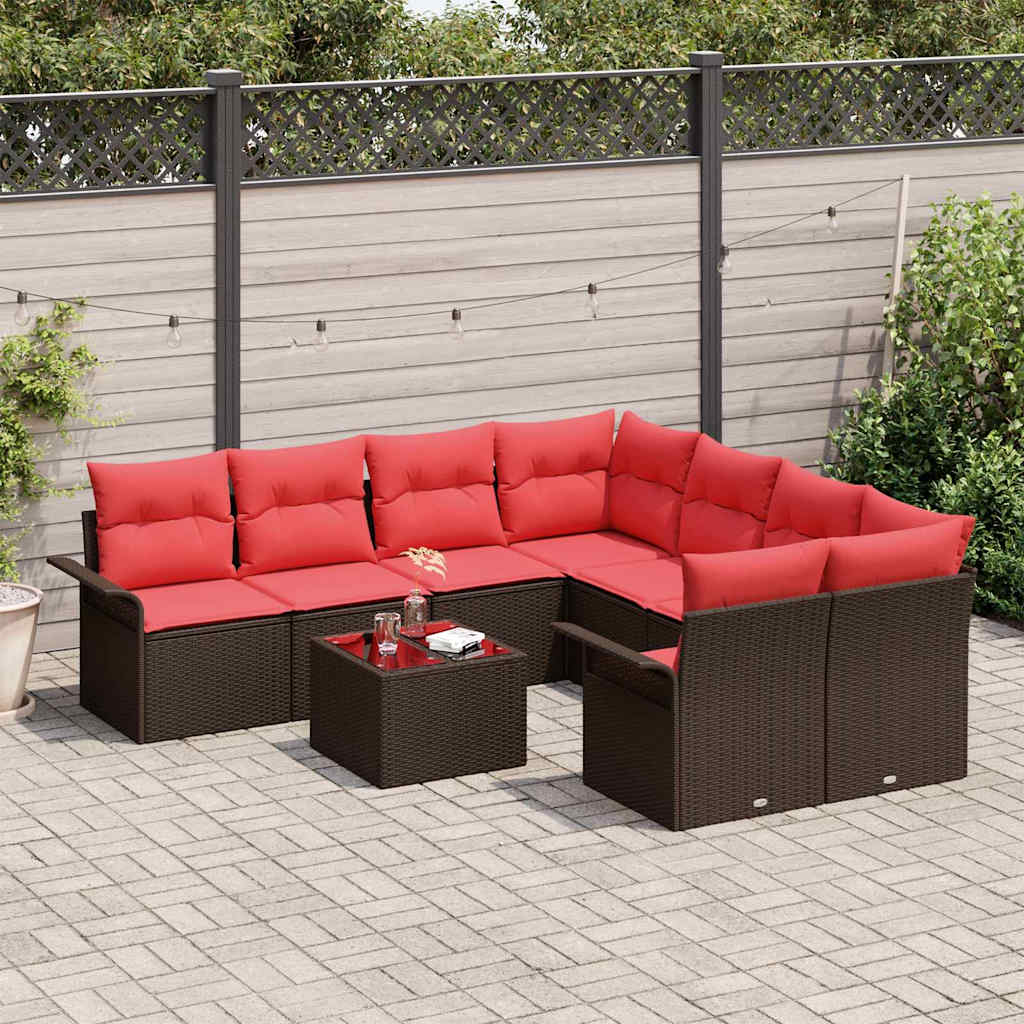 vidaXL Gartensofa-set mit Kissen 9 pcs Braun und Rot Poly-Rattan