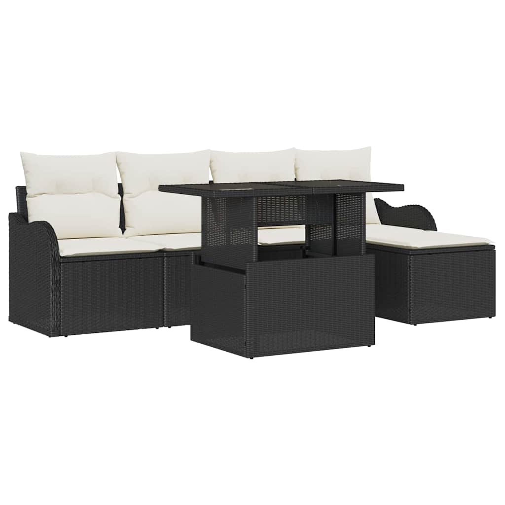 vidaXL Sitzgruppe für den Outdoor mit Kissen 6 pcs Schwarz Poly Rattan
