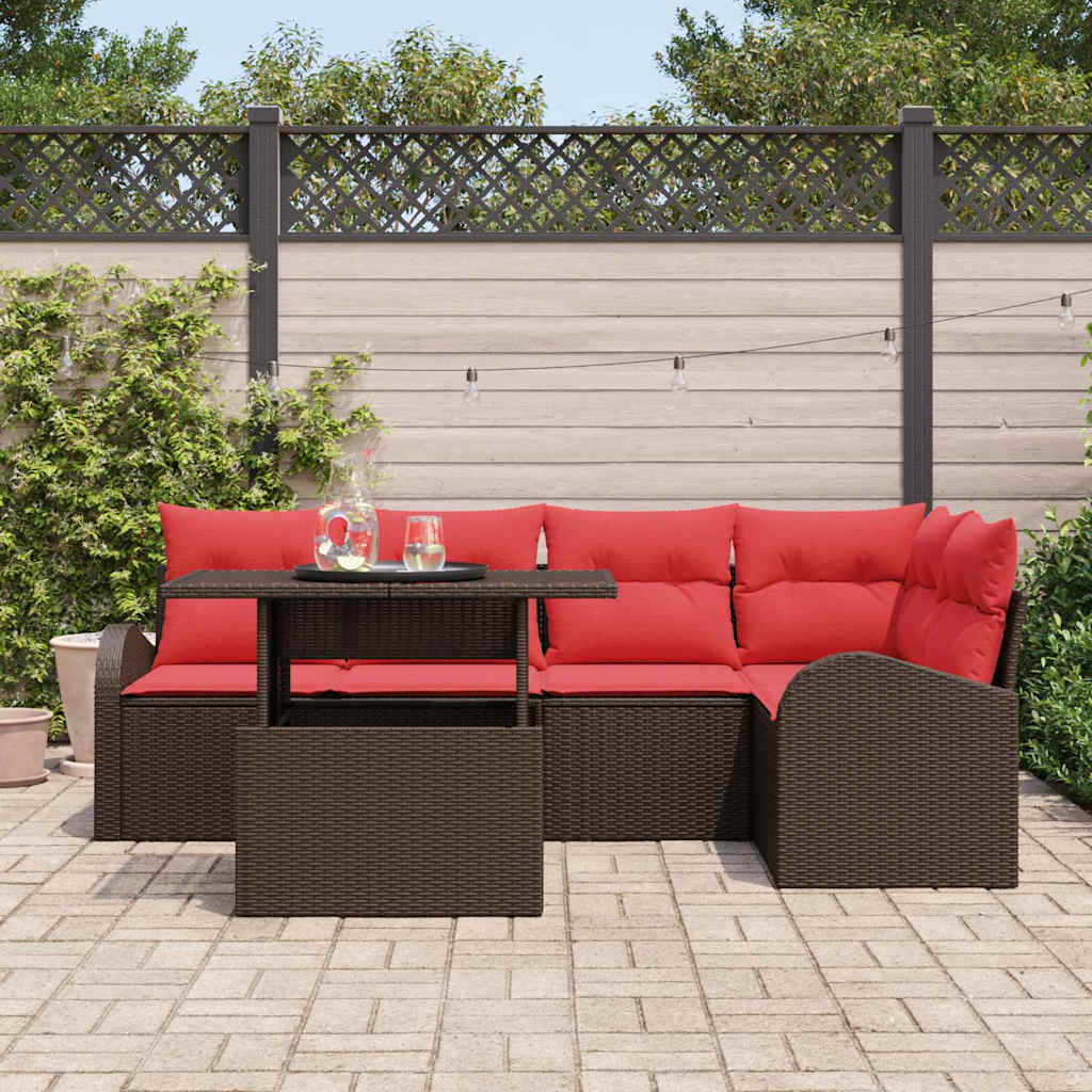 vidaXL Garten-Sofa-Set mit Kissen 6 pcs Braun und Rot Poly-Rattan