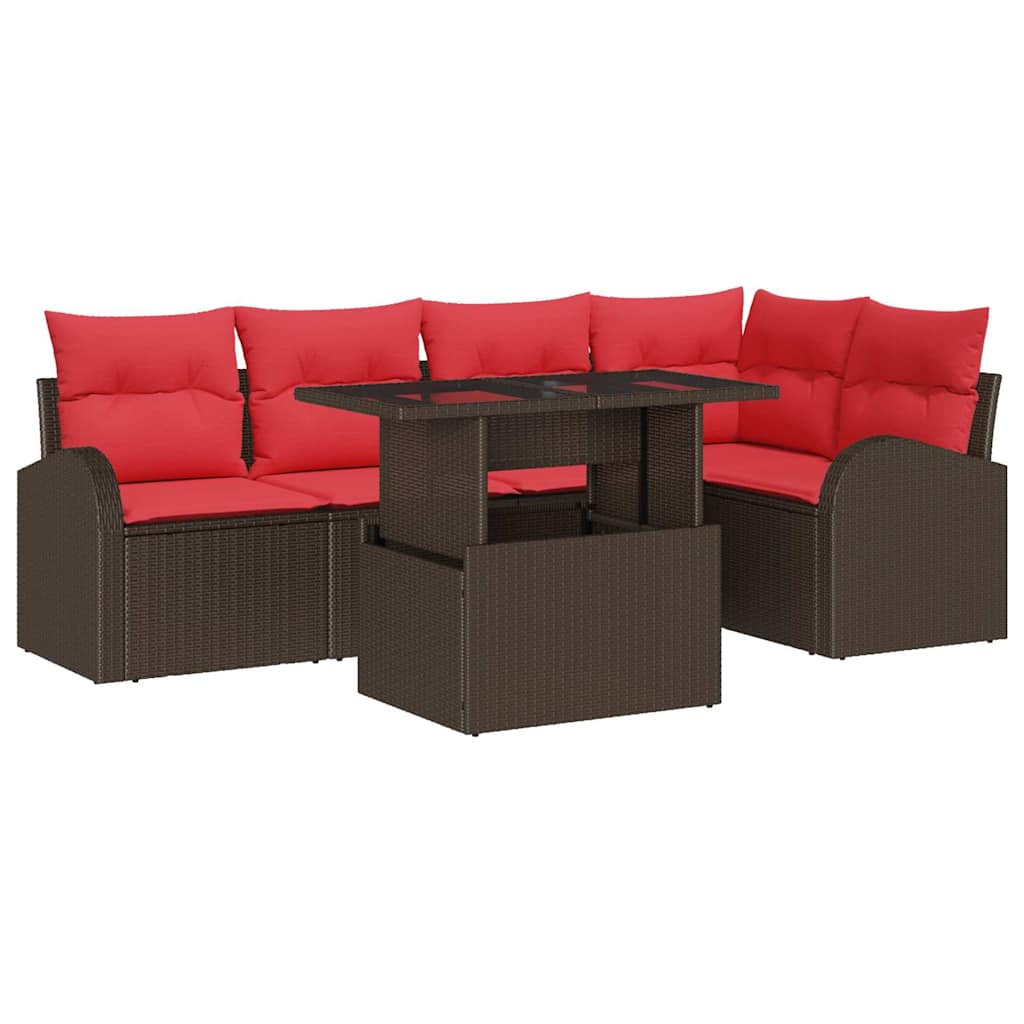 vidaXL Garten-Sofa-Set mit Kissen 6 pcs Braun und Rot Poly-Rattan