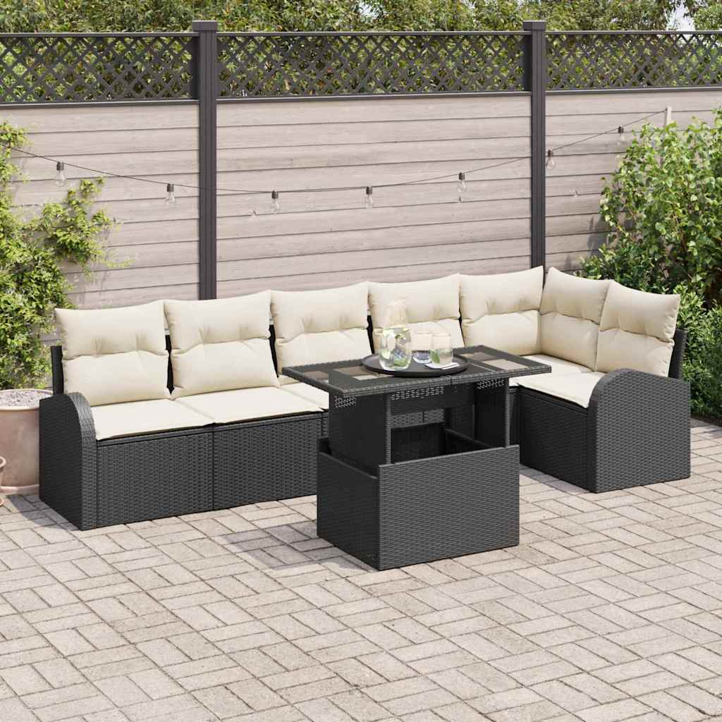 vidaXL Garten-Sofa-Set mit Kissen 7 pcs Schwarz und Creme Poly-Rattan
