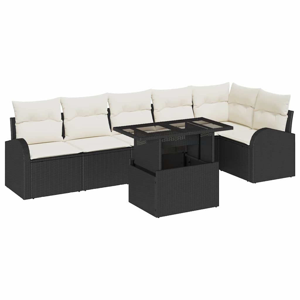 vidaXL Garten-Sofa-Set mit Kissen 7 pcs Schwarz und Creme Poly-Rattan