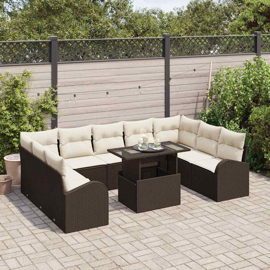vidaXL Gartensofa-set mit Speicher 10 pcs Braun und Creme Poly-Rattan