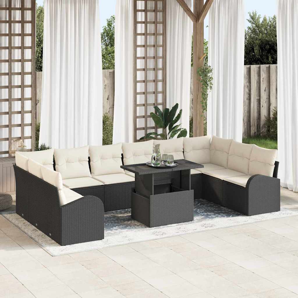 vidaXL Garten-Sofa-Set mit Kissen 11 pcs Schwarz und Creme Poly-Rattan