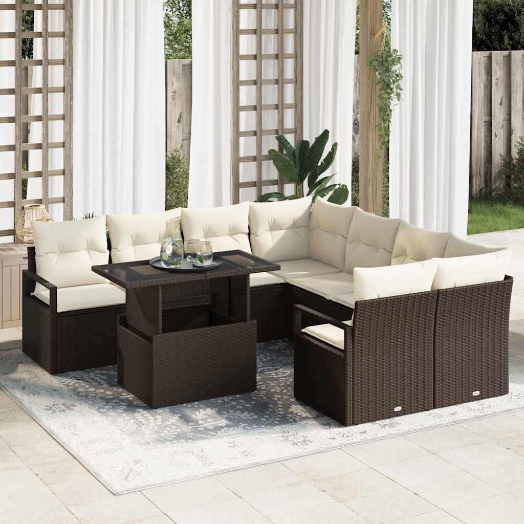 vidaXL Garten-Sofa-Set mit Kissen 9 pcs Braun und Creme Poly-Rattan