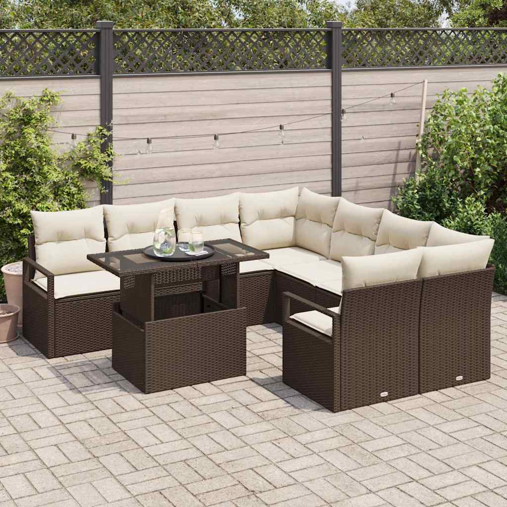 vidaXL Garten-Sofa-Set mit Kissen 9 pcs Braun und Creme Poly-Rattan