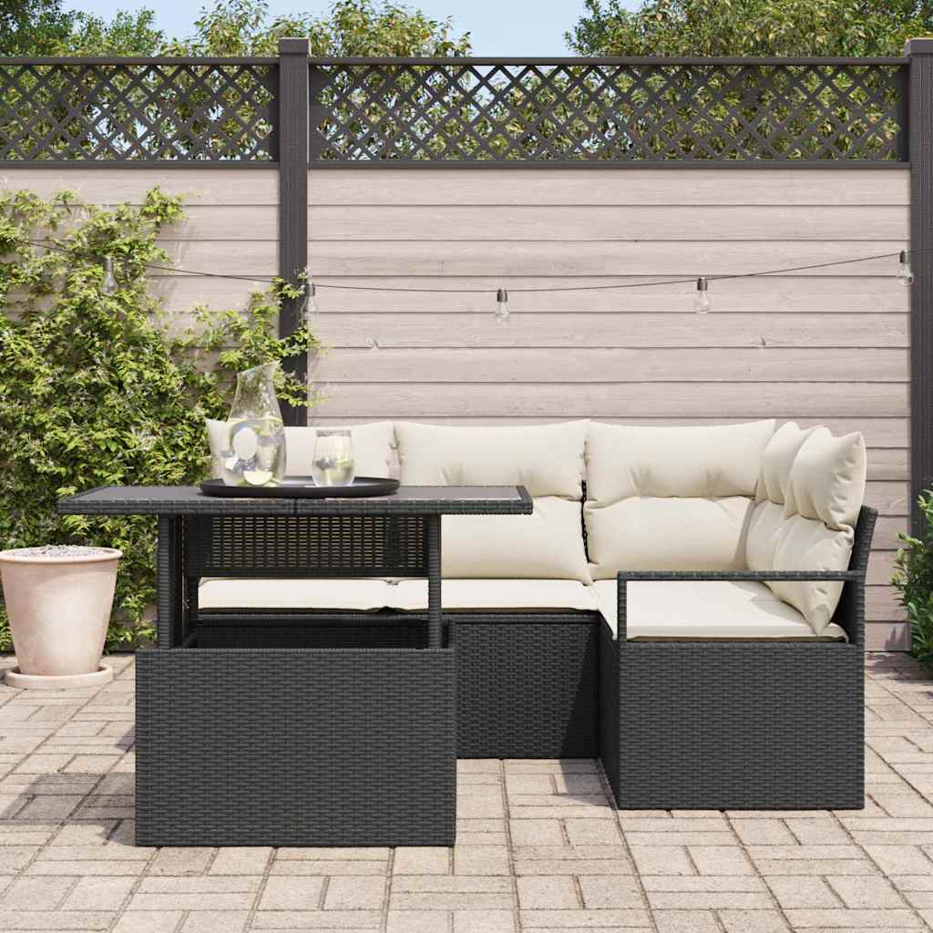 vidaXL Garten-Sofa-Set mit Kissen 5 pcs Schwarz und Creme Poly-Rattan