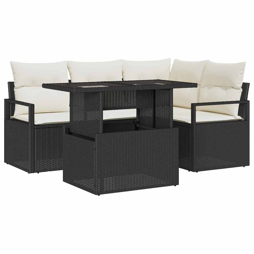 vidaXL Garten-Sofa-Set mit Kissen 5 pcs Schwarz und Creme Poly-Rattan