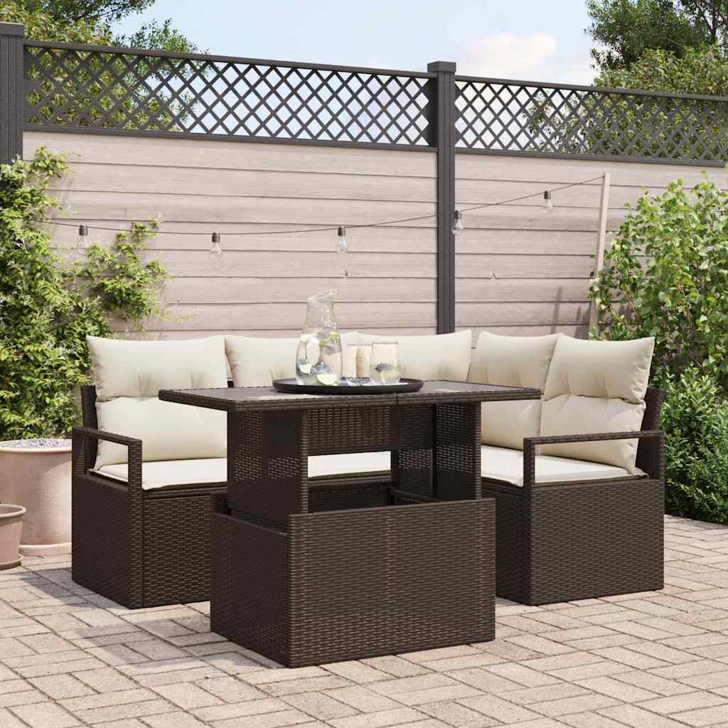 vidaXL Garten-Sofa-Set mit Kissen 5 pcs Schwarz und Creme Poly-Rattan