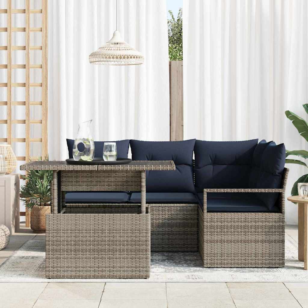 vidaXL Garten-Sofa-Set 5 pcs Grau und Marineblau Poly-Rattan