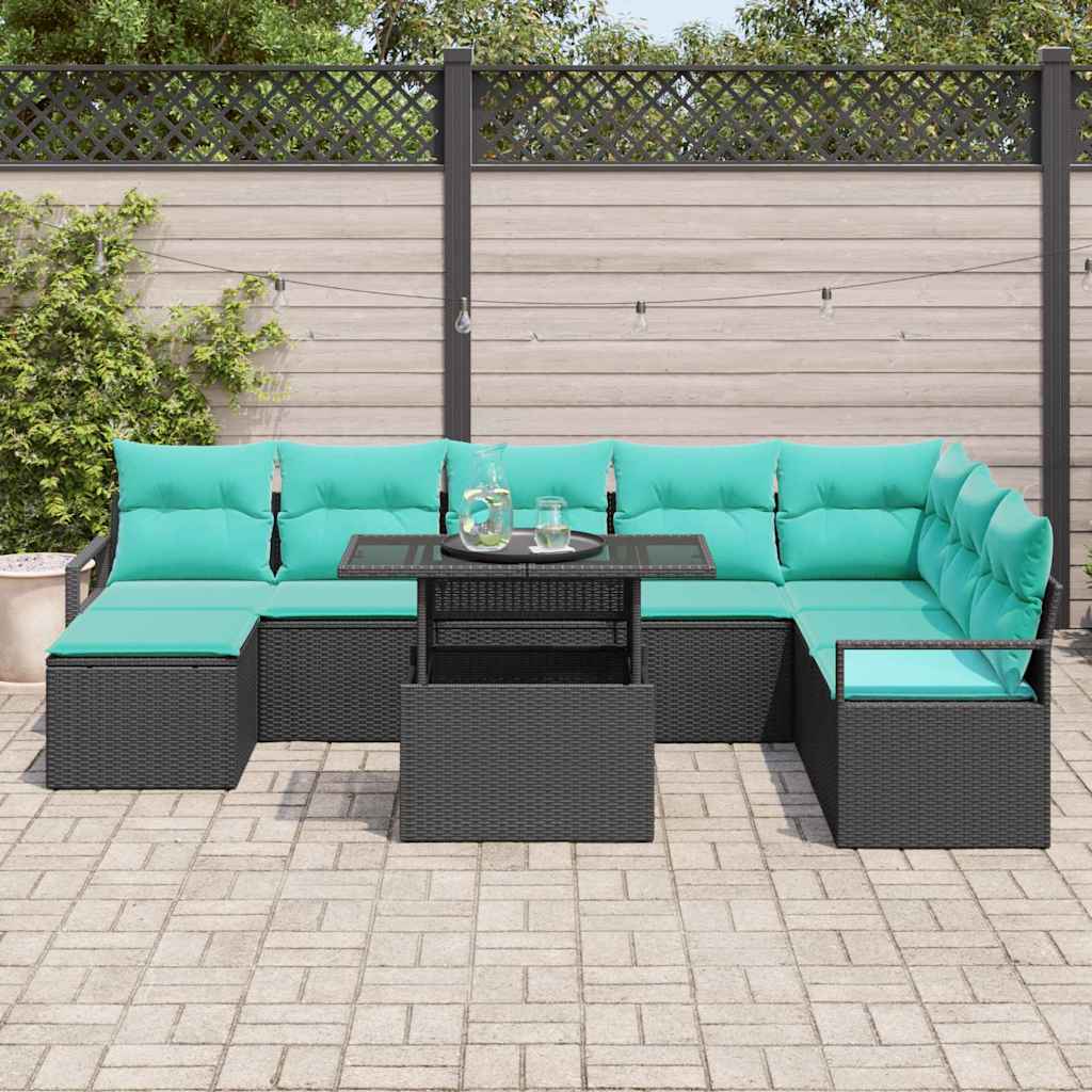 vidaXL Garten-Sofa-Set mit Kissen mit Speicher 9 pcs Schwarz und blau