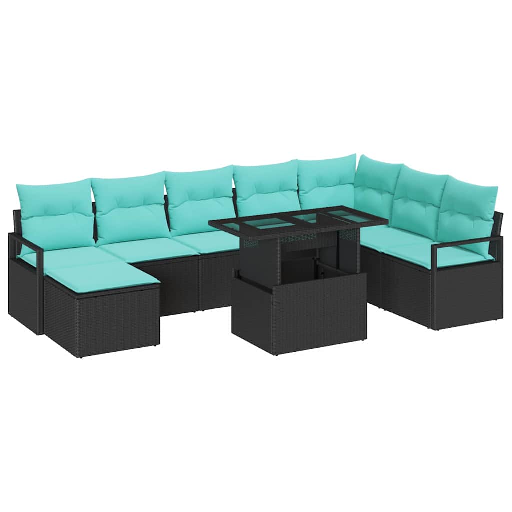 vidaXL Garten-Sofa-Set mit Kissen mit Speicher 9 pcs Schwarz und blau
