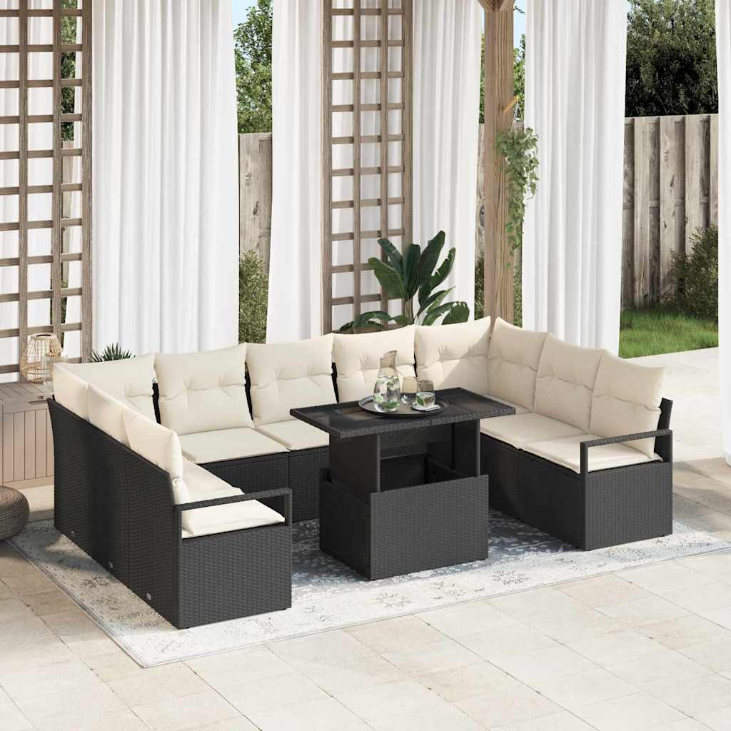 vidaXL Garten-Sofa-Set mit Kissen 10 pcs Schwarz und Creme Poly-Rattan