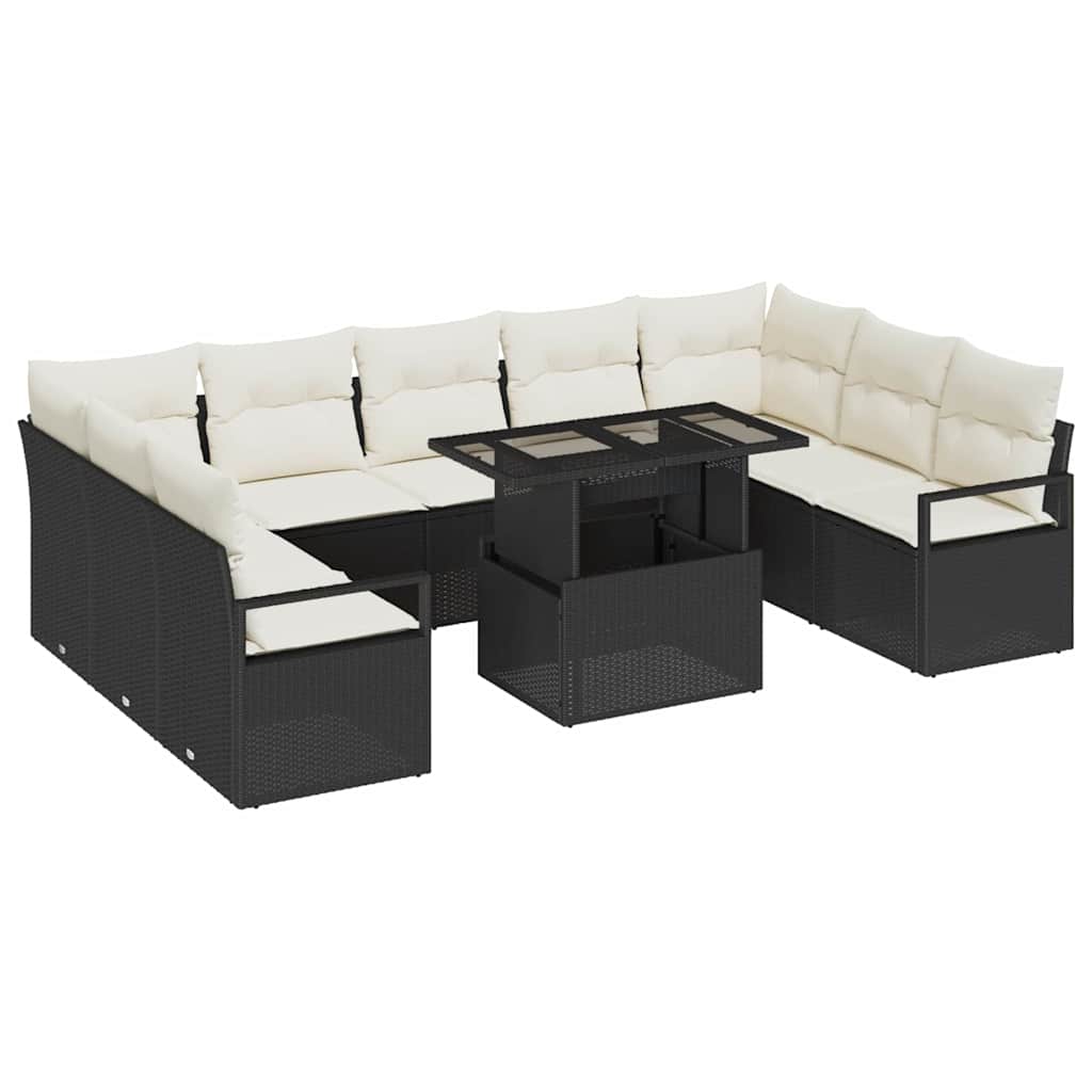 vidaXL Garten-Sofa-Set mit Kissen 10 pcs Schwarz und Creme Poly-Rattan