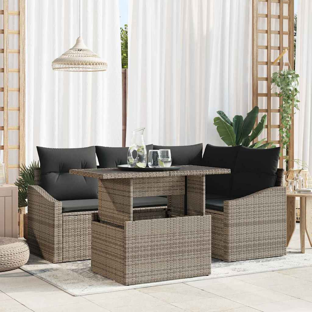vidaXL Gartensofa-set mit Kissen mit Speicher 5 pcs Grau Poly-Rattan