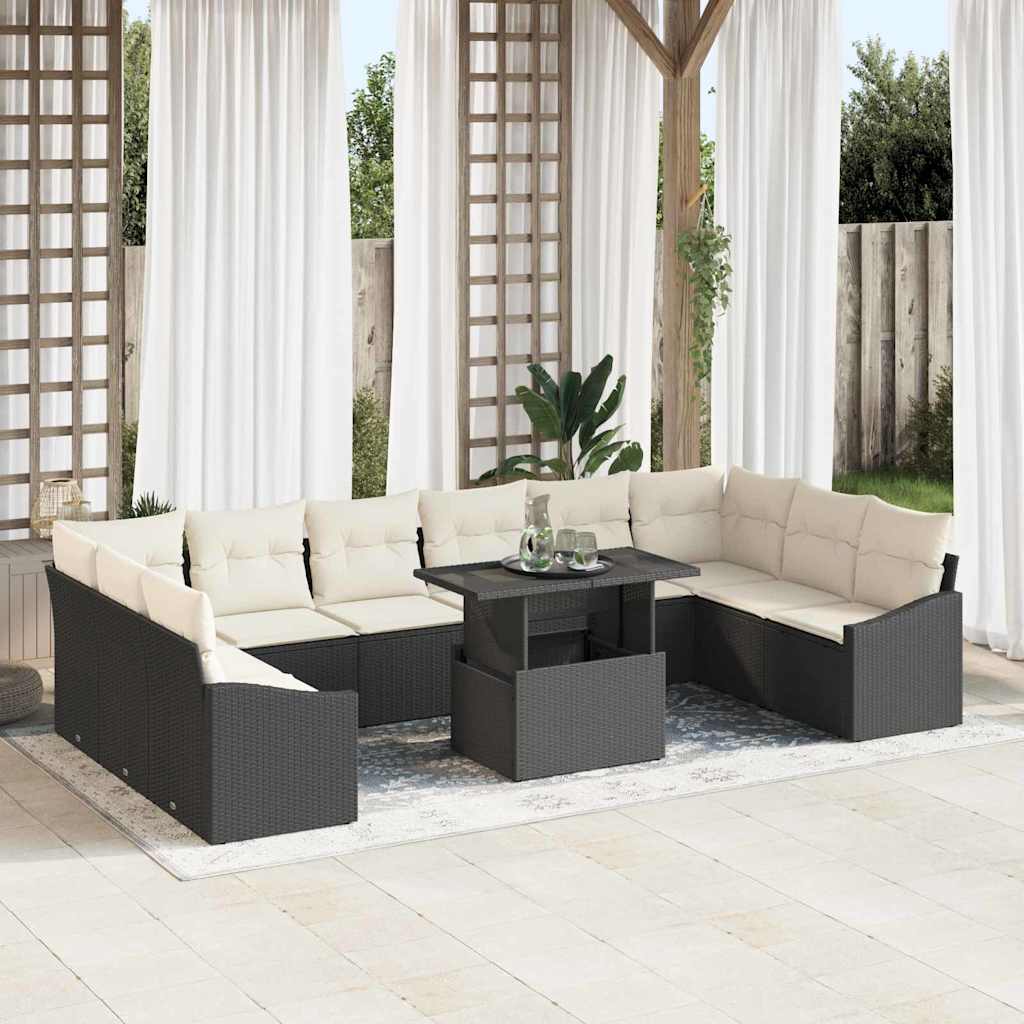 vidaXL Sofa Set mit Kissen 11 pcs Schwarz und Creme Poly-Rattan