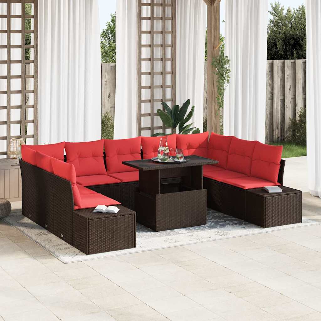 vidaXL Garten-Sofa-Set mit Kissen mit Speicher 10 pcs Braun und Rot