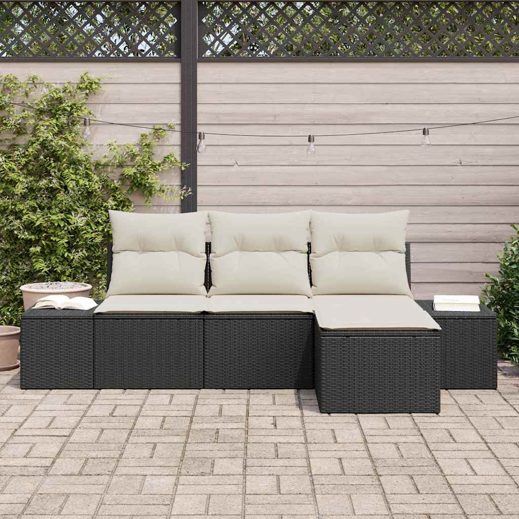 vidaXL Garten-Sofa-Set mit Kissen 4 pcs Schwarz und Creme Poly-Rattan