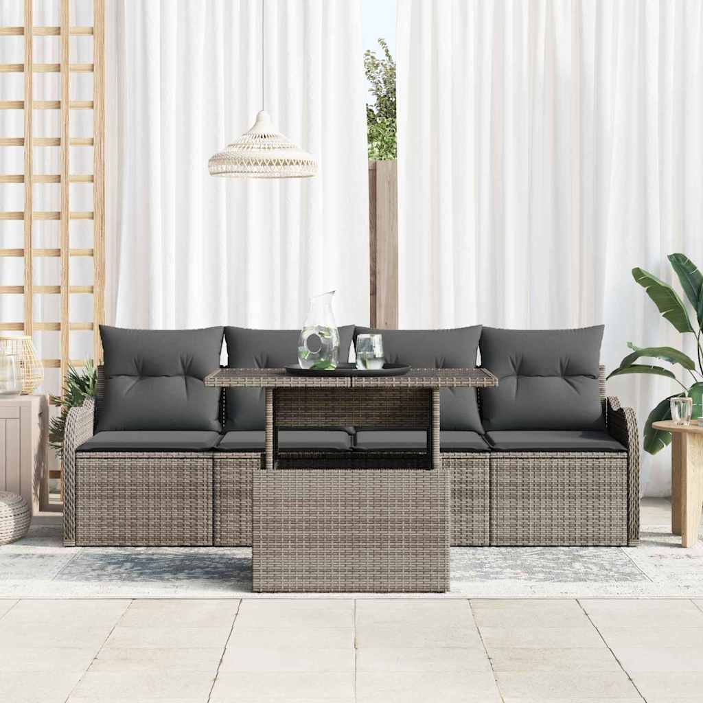 vidaXL Garten-Sofa-Set mit Kissen mit Kissen 5 pcs Grau Poly Rattan