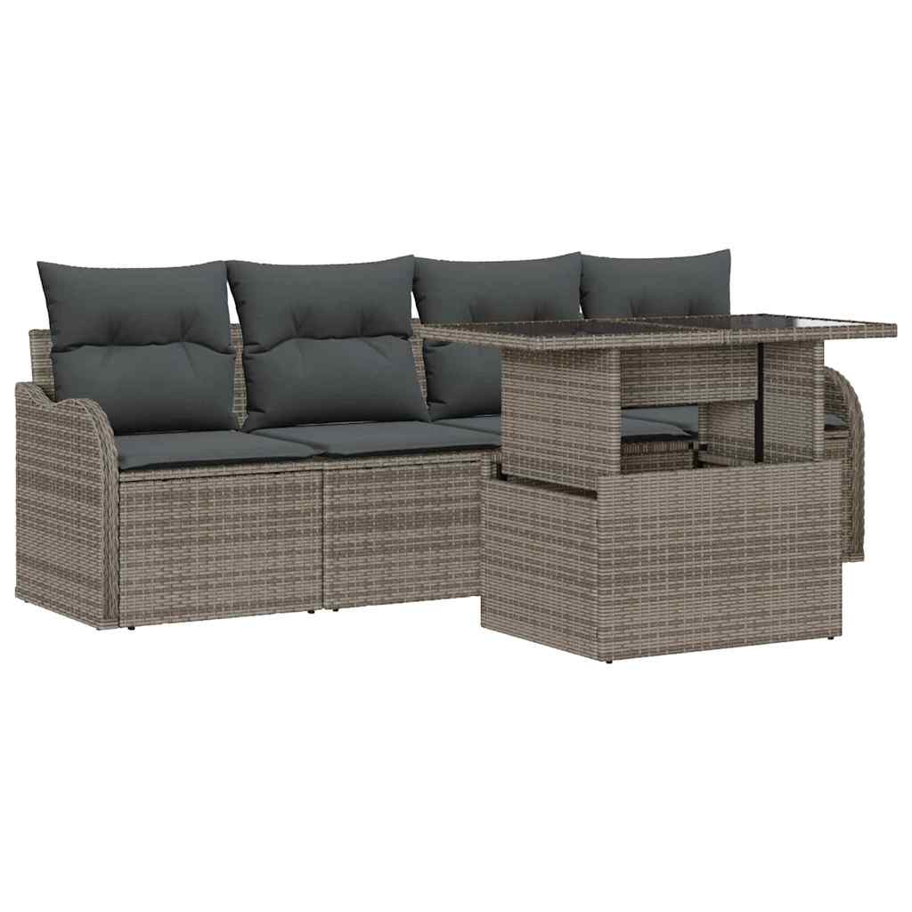 vidaXL Garten-Sofa-Set mit Kissen mit Kissen 5 pcs Grau Poly Rattan