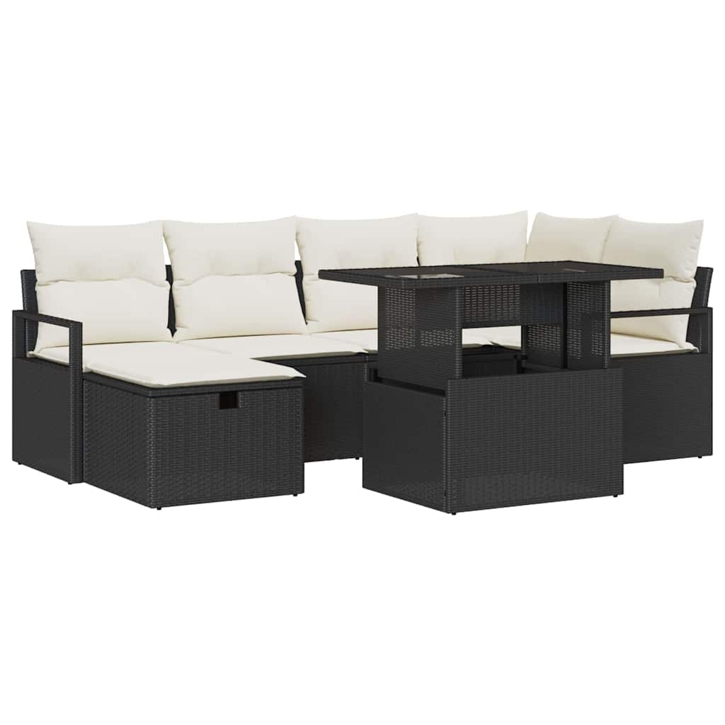 vidaXL Garten-Sofa-Set mit Kissen 7 pcs Schwarz Poly Rattan