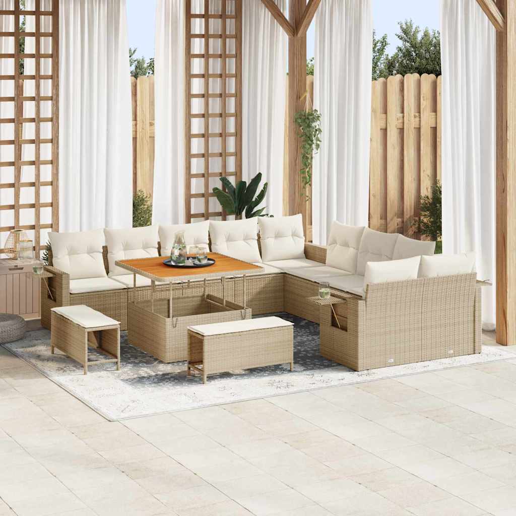vidaXL Gartensofa-set mit Kissen mit Speicher 13 pcs Beige Poly-Rattan