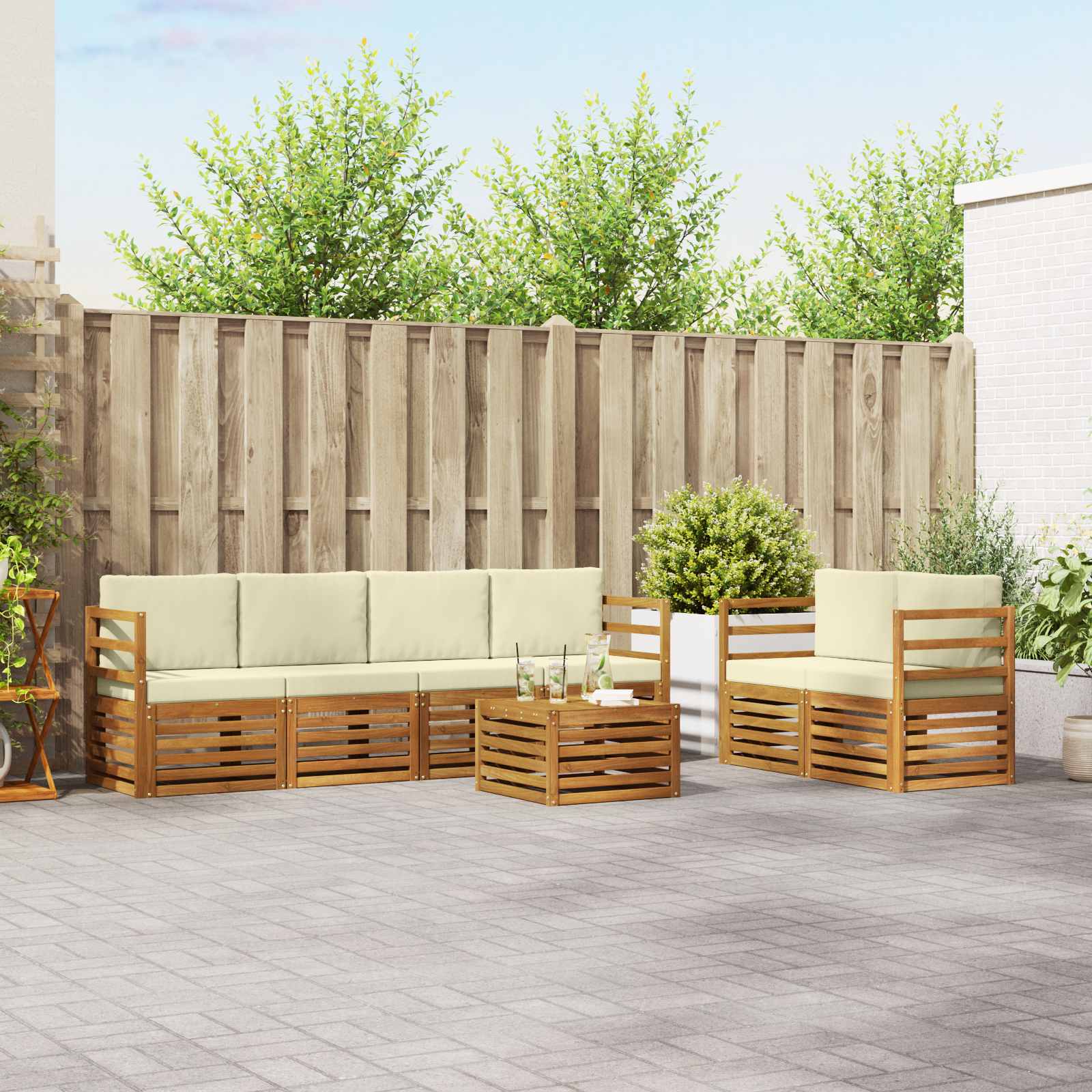 vidaXL Outdoor-Sofagarnitur 7 pcs Natur und Creme Massivholz Akazie