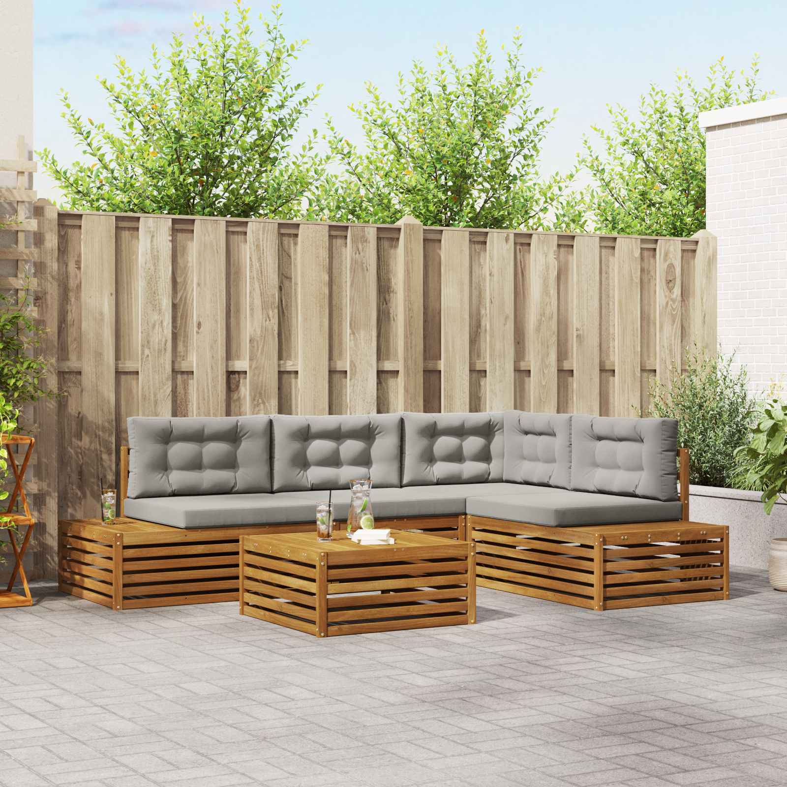 vidaXL Outdoor-Sofagarnitur mit Kissen 5 Stück Natürlich und Hellgrau