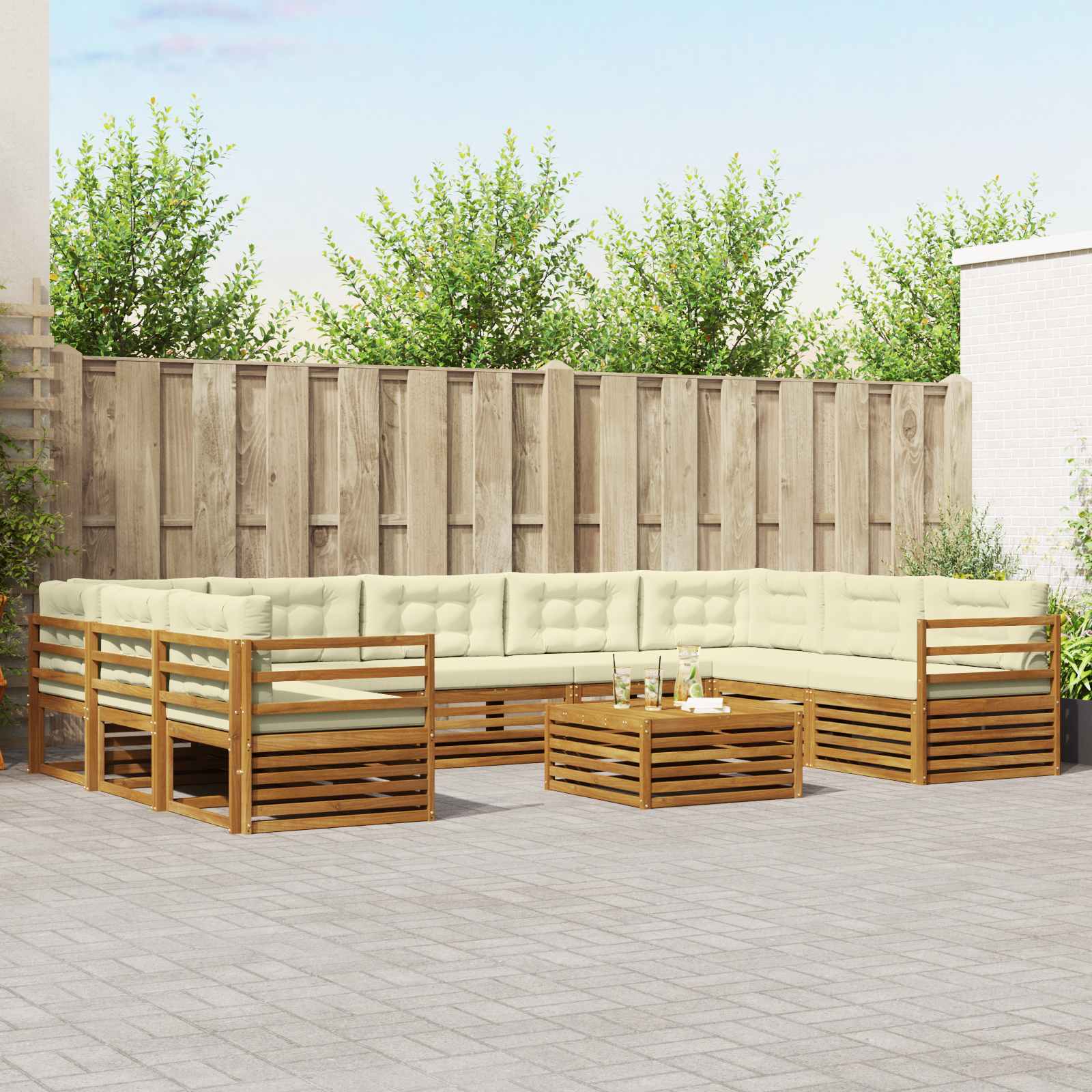 vidaXL Outdoor-Sofagarnitur 10 pcs Natur und Creme Massivholz Akazie