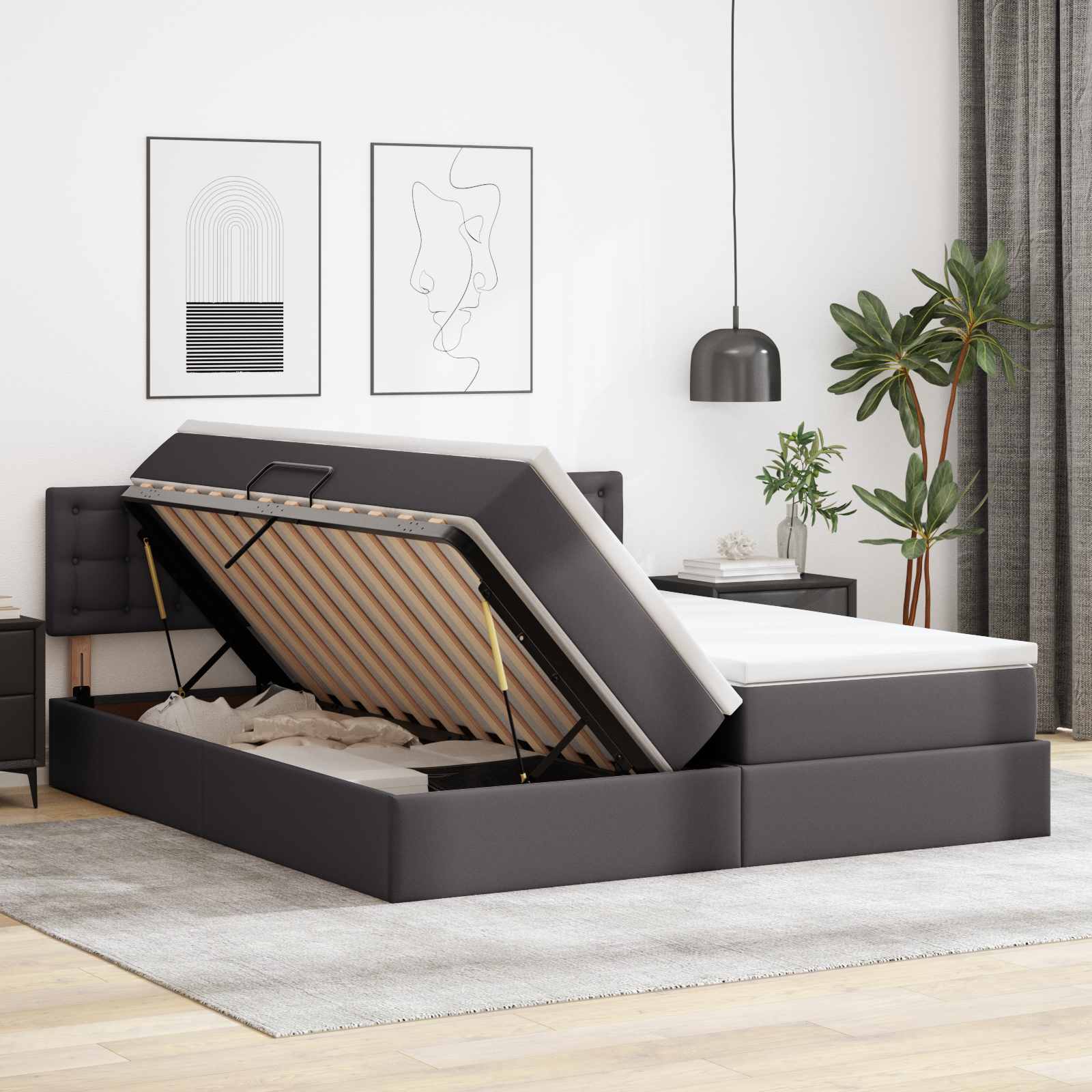 vidaXL Bett mit Stauraum und LED mit LED Grau 180 x 200 cm Kunstleder