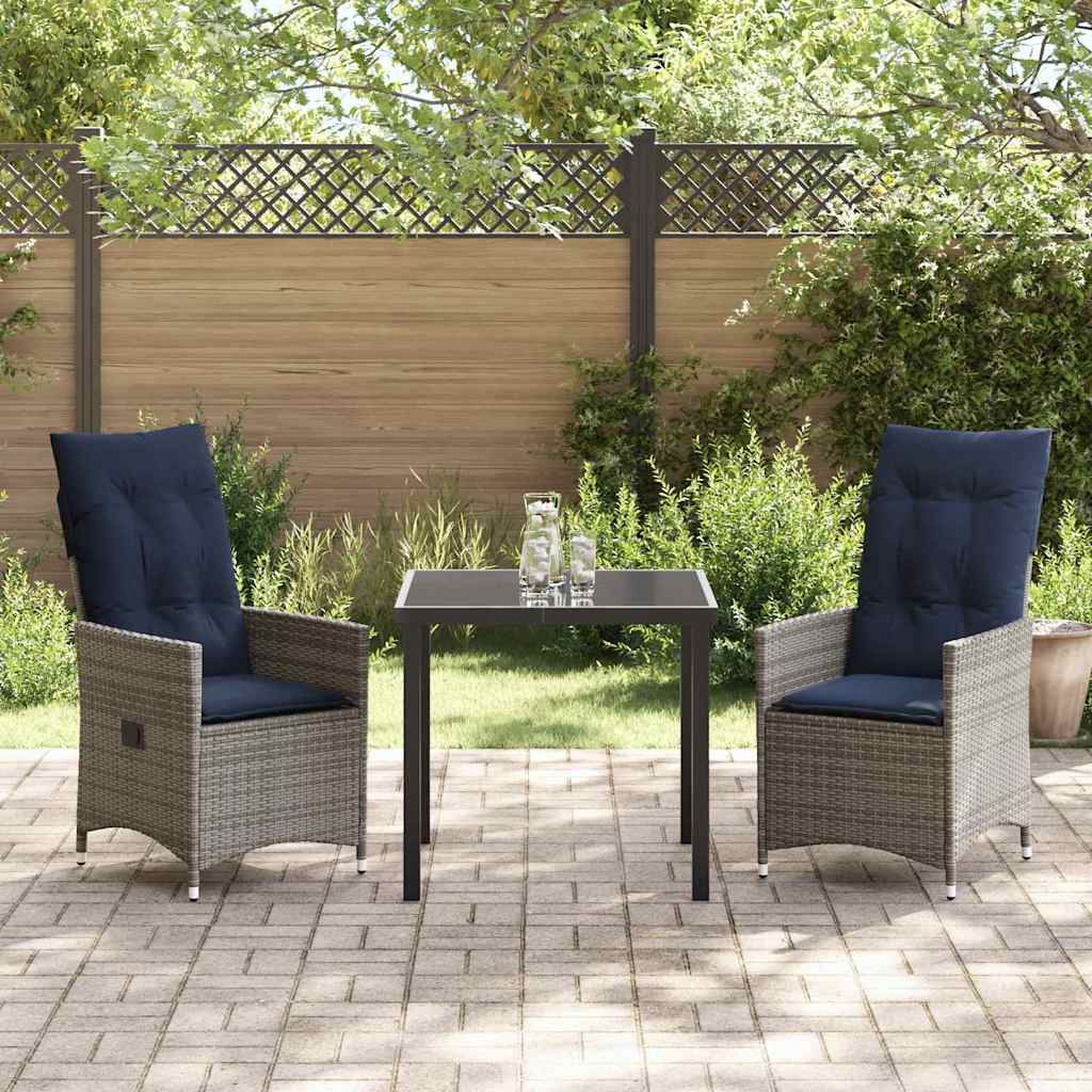 vidaXL Tisch- und Stuhlset mit Kissen 3 pcs Grau PE-Rattan