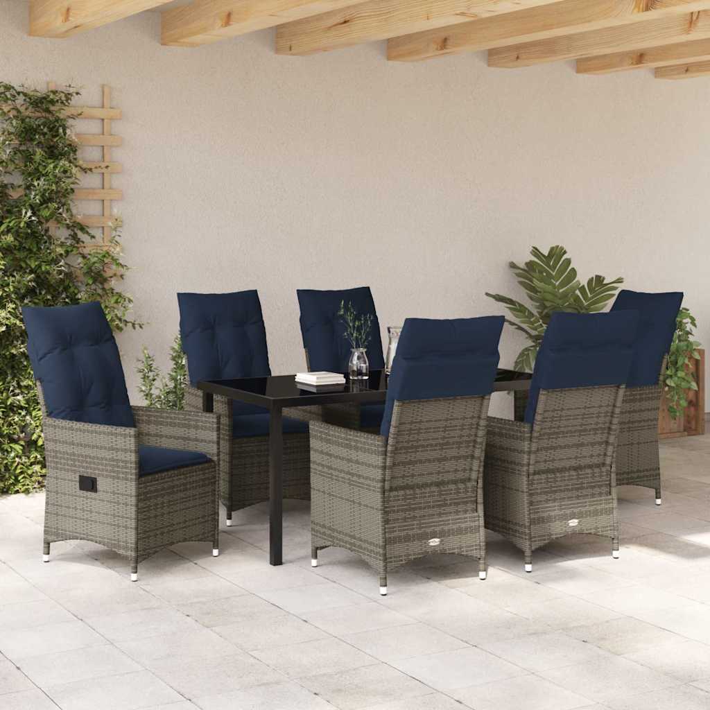 vidaXL Tisch- und Stuhlset mit Kissen 7 pcs Grau PE-Rattan