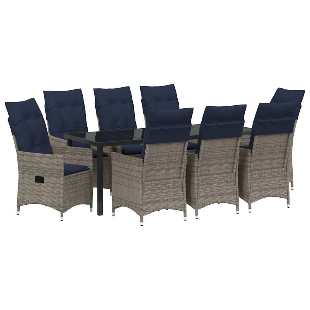 vidaXL Tisch- und Stuhlset mit Kissen 9 pcs Grau PE-Rattan